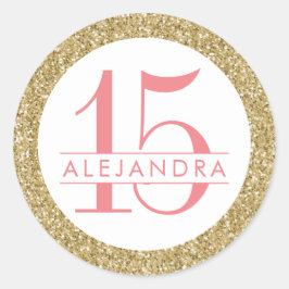 Coral Gold Glitter Quince Años Favor Sticker Label