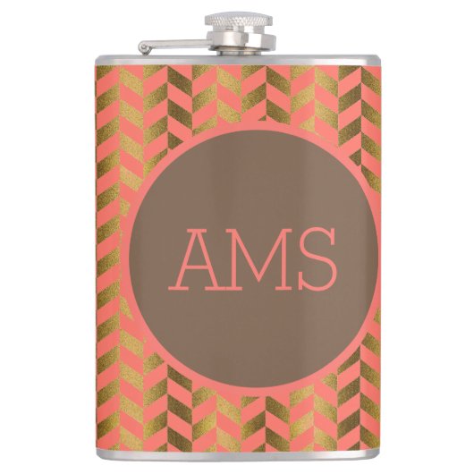 Coral & Gold Herringbone Monogram Heupfles (Voorkant)
