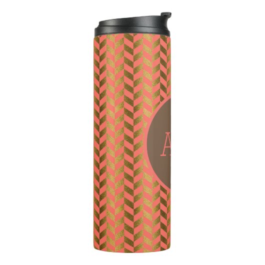 Coral & Gold Herringbone Monogram Thermosbeker (Gedraaid links)