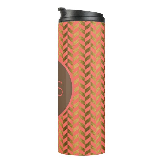 Coral & Gold Herringbone Monogram Thermosbeker (Geroteerd rechts)