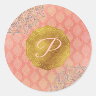 Coral Gold Marokkaanse Glam Monogram Bruiloft Favo Ronde Sticker