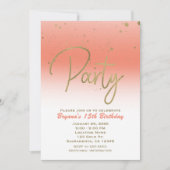 Coral & Gold Modern Glam Confetti Verjaardagsfeest Kaart (Voorkant)