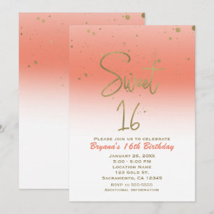 Coral & Gold Modern Glam SWEET 16 Verjaardagsfeest Kaart
