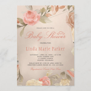 Coral Gold Peach Cream Floral Baby shower Kaart