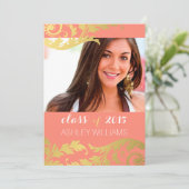 Coral Gold Swirls Foto Afstuderen kondiging Kaart (Staand voorkant)