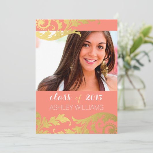 Coral Gold Swirls Foto Afstuderen kondiging Kaart (Staand voorkant)
