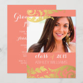 Coral Gold Swirls Foto Afstuderen kondiging Kaart (Voorkant / Achterkant)