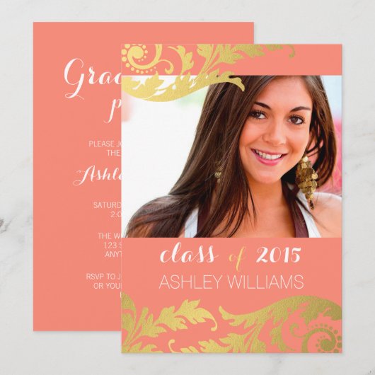 Coral Gold Swirls Foto Afstuderen kondiging Kaart (Voorkant / Achterkant)