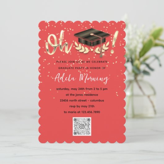Coral Golden Confetti Afstuderen QR-code Kaart (Staand voorkant)