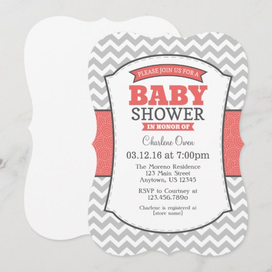 Coral Gray Chevron Baby shower Kaart (Voorkant / Achterkant)