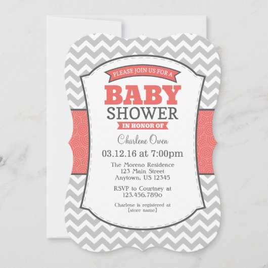 Coral Gray Chevron Baby shower Kaart (Voorkant)