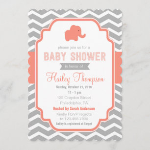 Coral Gray Chevron Elephant Baby shower Invite Kaart