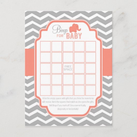 Coral Gray Chevron Elephant Bingo Baby shower Game Uitnodiging Briefkaart (Voorkant)