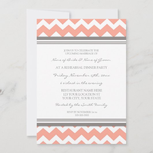 Coral Gray Chevron Rehearsal Dinner Party Kaart (Achterkant)