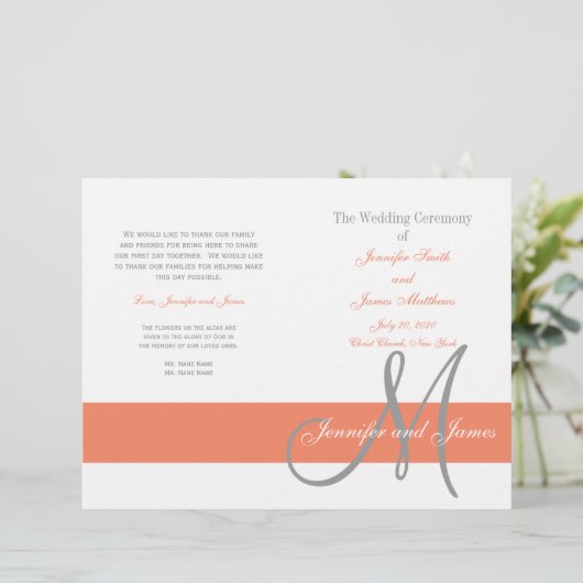 Coral Gray Wedding Program | Monogram (Staand voorkant)
