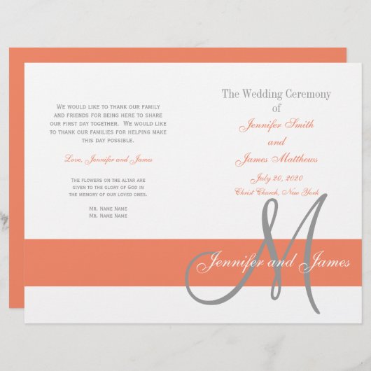 Coral Gray Wedding Program | Monogram (Voorkant / Achterkant)