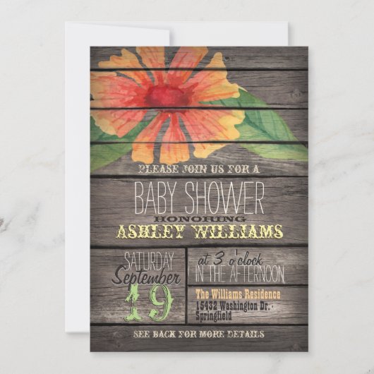 Coral & Green Flower op Rustic Wood Baby shower Kaart (Voorkant)