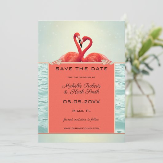 Coral Green Photo Flamingo Save the Date Kaart (Staand voorkant)