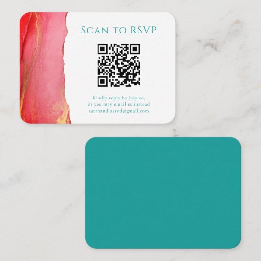 Coral Green QR Code Wedding RSVP Enclosure Kaart (Voorkant / Achterkant)