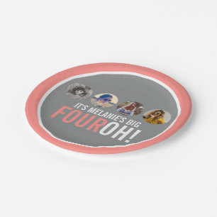 Coral Grey 40th FOUROH! Vier foto's verjaardag Papieren Bordje