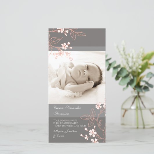 Coral Grey Bedankt Baby shower Foto Kaarten (Staand voorkant)