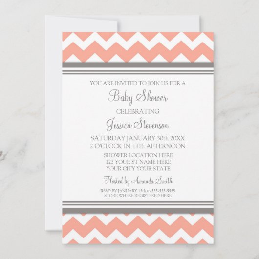 Coral Grey Chevron Custom Baby Shower Invitaties Kaart (Achterkant)