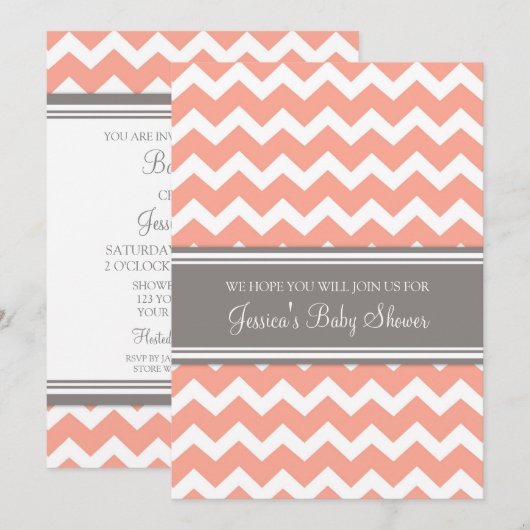 Coral Grey Chevron Custom Baby Shower Invitaties Kaart (Voorkant / Achterkant)