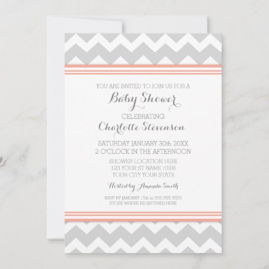 Coral Grey Chevron Custom Baby Shower Invitaties Kaart (Achterkant)