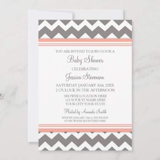 Coral Grey Chevron Custom Baby Shower Invitaties Kaart (Achterkant)