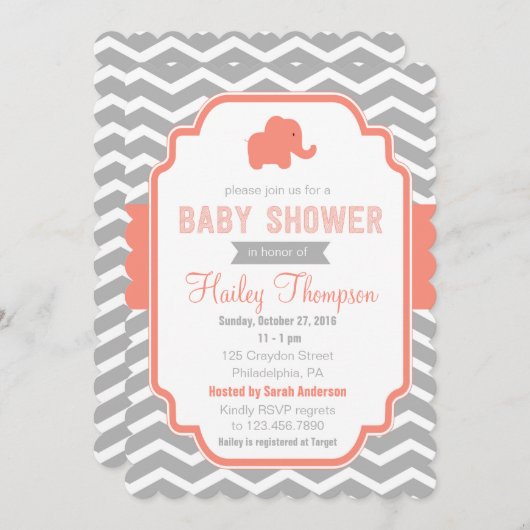 Coral Grey Chevron Elephant Baby shower Uitnodigen Kaart (Voorkant / Achterkant)