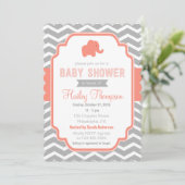 Coral Grey Chevron Elephant Baby shower Uitnodigen Kaart (Staand voorkant)