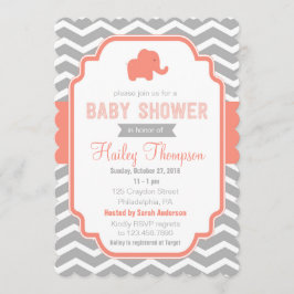 Coral Grey Chevron Elephant Baby shower Uitnodigen Kaart