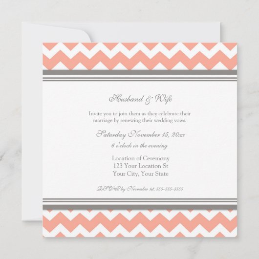 Coral Grey Chevron Wedding Vow Renewal Invitations Kaart (Achterkant)