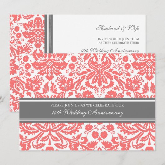 Coral Grey Damask 15e Jubileum Uitnodiging (Voorkant / Achterkant)