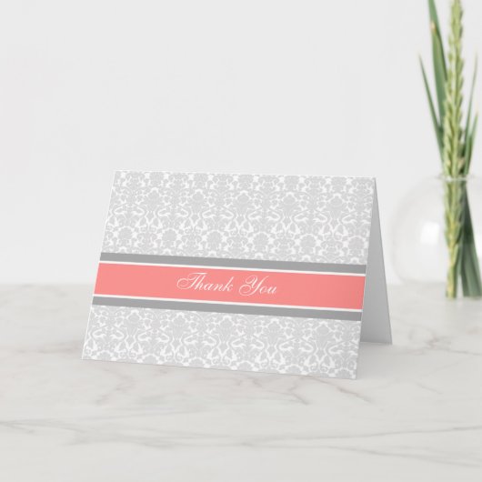 Coral Grey Damask Baby shower Dank u kaart (Voorkant)