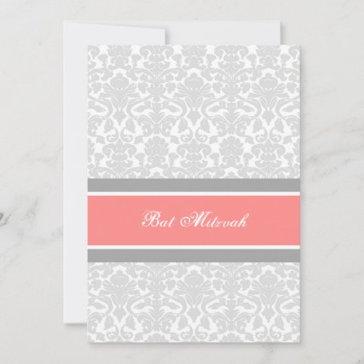 Coral Grey Damask Bat Mitzvah nodigt uit Kaart (Voorkant)