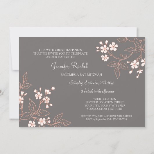 Coral Grey Damask Bat Mitzvah nodigt uit Kaart (Achterkant)