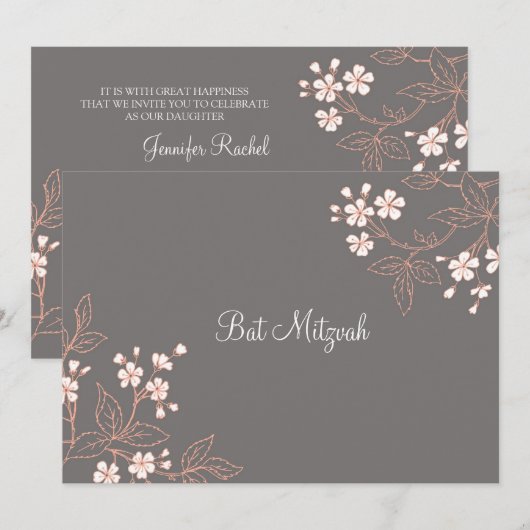 Coral Grey Damask Bat Mitzvah nodigt uit Kaart (Voorkant / Achterkant)