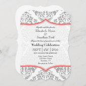 Coral Grey Damask Bracket Wedding Invite Kaart (Voorkant / Achterkant)