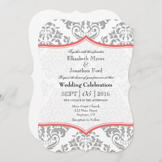 Coral Grey Damask Bracket Wedding Invite Kaart (Voorkant / Achterkant)
