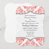 Coral Grey Damask Bracket Wedding Invite Kaart (Voorkant / Achterkant)