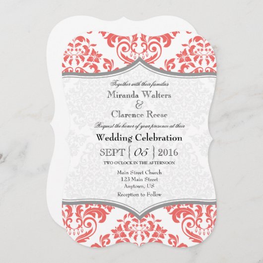 Coral Grey Damask Bracket Wedding Invite Kaart (Voorkant / Achterkant)