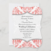 Coral Grey Damask Bracket Wedding Invite Kaart (Voorkant)
