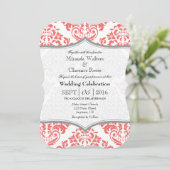 Coral Grey Damask Bracket Wedding Invite Kaart (Staand voorkant)