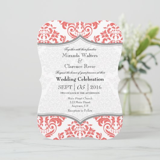 Coral Grey Damask Bracket Wedding Invite Kaart (Staand voorkant)