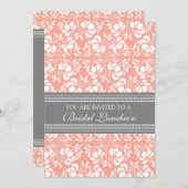 Coral Grey Damask Bridal Lunch Invitation Cards Kaart (Voorkant / Achterkant)