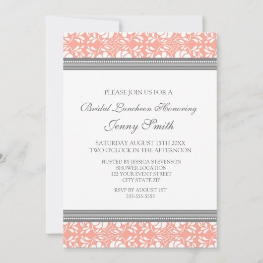 Coral Grey Damask Bridal Lunch Invitation Cards Kaart (Achterkant)