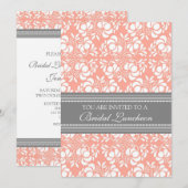 Coral Grey Damask Bridal Lunch Invitation Cards Kaart (Voorkant / Achterkant)