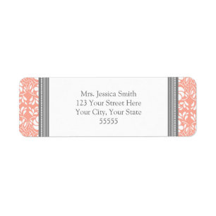 Coral Grey Damask Custom Return-adreslabels Etiket