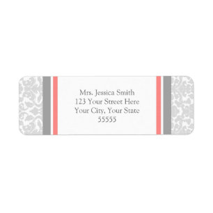 Coral Grey Damask Custom Return Adreslabels Etiket